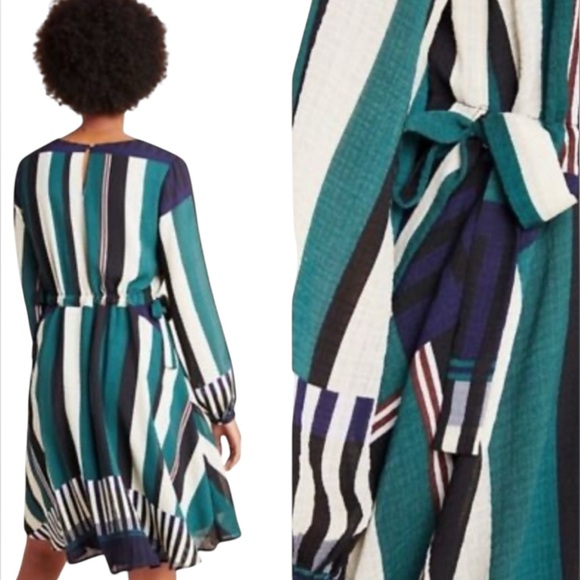 Anthropologie Sunday in Brooklyn Green Black White Striped Long Sleeve Dress M - Picture 2 of 14
